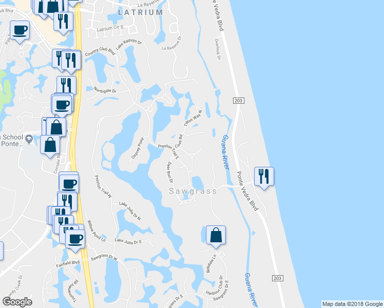 map of restaurants, bars, coffee shops, grocery stores, and more near 331 Quail Pointe Drive in Ponte Vedra