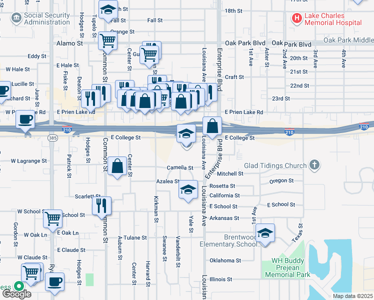 map of restaurants, bars, coffee shops, grocery stores, and more near 3420 Louisiana Avenue in Lake Charles