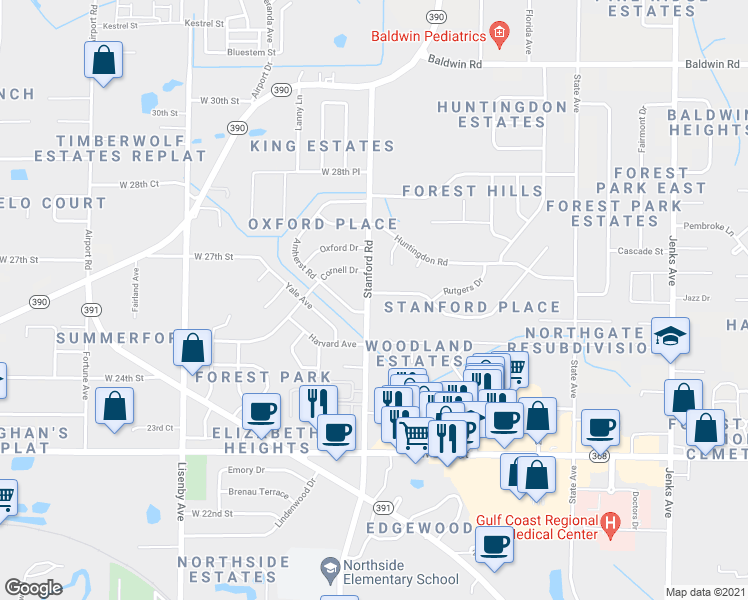 map of restaurants, bars, coffee shops, grocery stores, and more near 913 Brandeis Avenue in Panama City