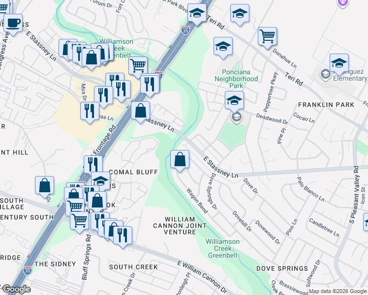 map of restaurants, bars, coffee shops, grocery stores, and more near 1900 Wagon Crossing Path in Austin
