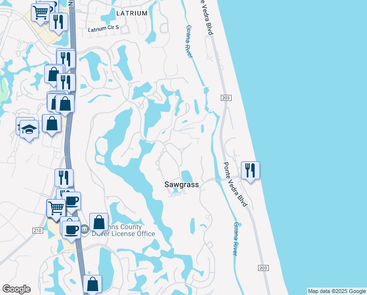 map of restaurants, bars, coffee shops, grocery stores, and more near 348 Quail Pointe Drive in Ponte Vedra Beach