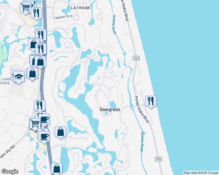 map of restaurants, bars, coffee shops, grocery stores, and more near 348 Quail Pointe Drive in Ponte Vedra Beach