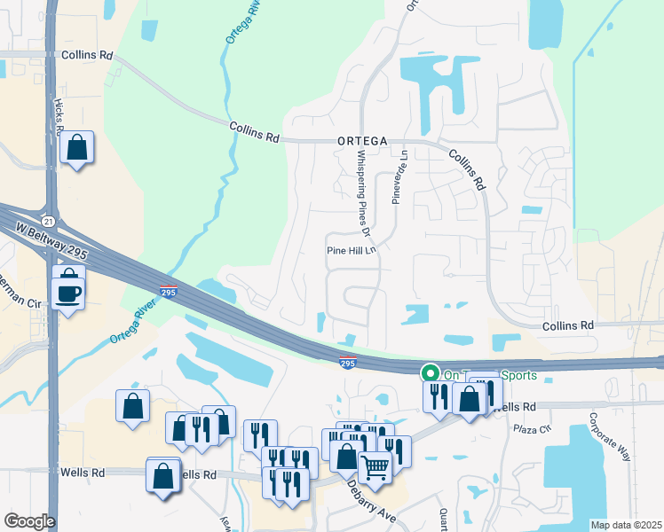 map of restaurants, bars, coffee shops, grocery stores, and more near 8645 Greatpine Lane West in Jacksonville