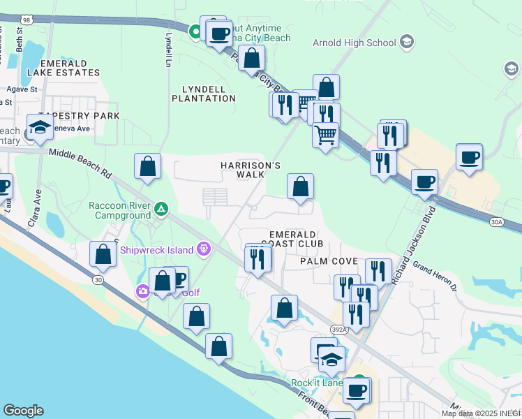 map of restaurants, bars, coffee shops, grocery stores, and more near 118 Moonraker Circle in Panama City Beach