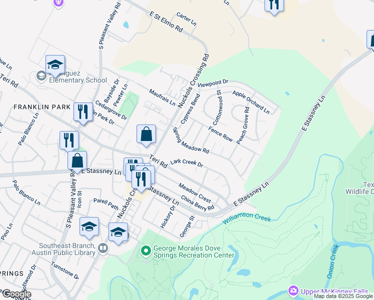 map of restaurants, bars, coffee shops, grocery stores, and more near 5402 Lark Creek Drive in Austin