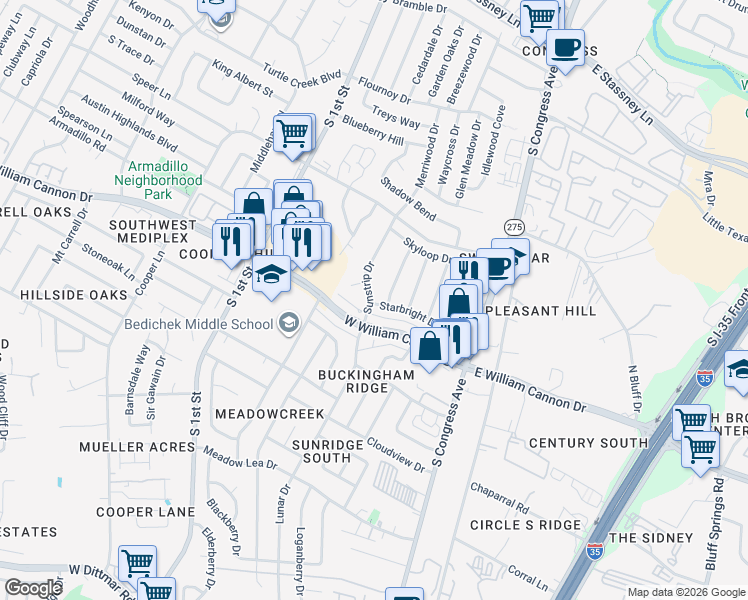 map of restaurants, bars, coffee shops, grocery stores, and more near 308 West William Cannon Drive in Austin