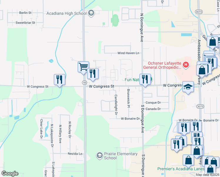 map of restaurants, bars, coffee shops, grocery stores, and more near 202 Caravan Drive in Lafayette