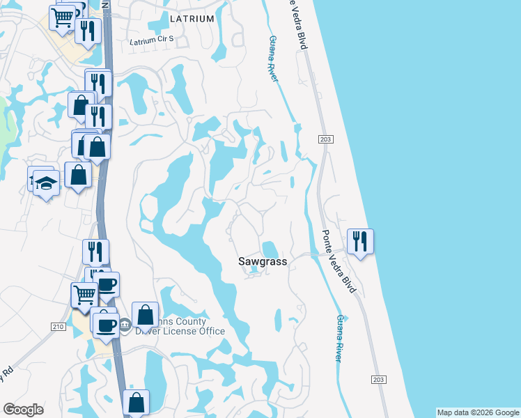 map of restaurants, bars, coffee shops, grocery stores, and more near 348 Quail Pointe Drive in Ponte Vedra Beach