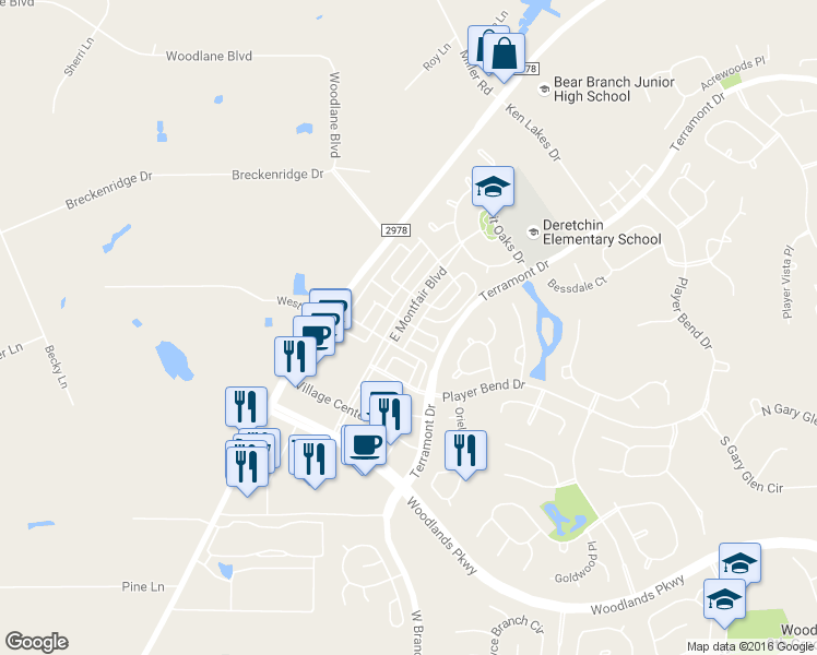 map of restaurants, bars, coffee shops, grocery stores, and more near 97 East Montfair Boulevard in The Woodlands