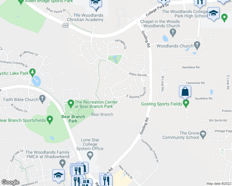 map of restaurants, bars, coffee shops, grocery stores, and more near 6 Windfern Place in Spring