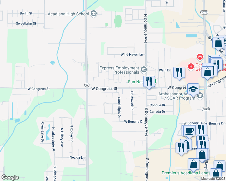 map of restaurants, bars, coffee shops, grocery stores, and more near 202 Caravan Drive in Lafayette