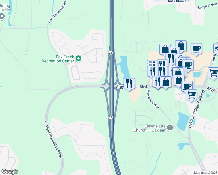 map of restaurants, bars, coffee shops, grocery stores, and more near Branan Field Chaffee Road in Orange Park
