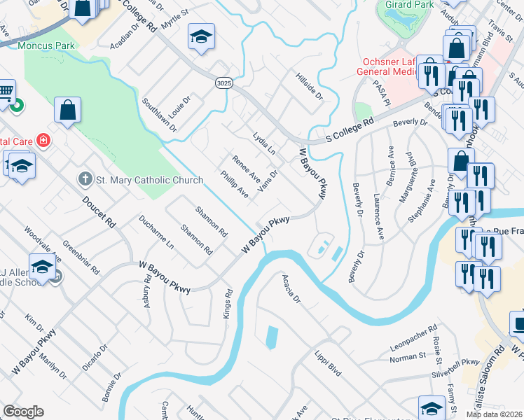 map of restaurants, bars, coffee shops, grocery stores, and more near 101 Riverbriar Road in Lafayette