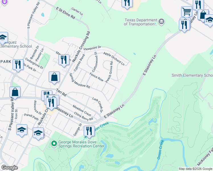 map of restaurants, bars, coffee shops, grocery stores, and more near 4808 Peach Grove Road in Austin