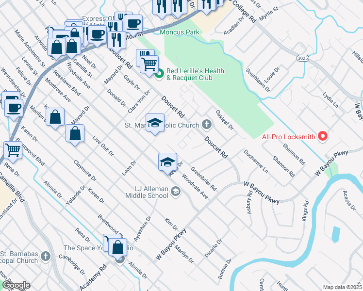 map of restaurants, bars, coffee shops, grocery stores, and more near 116 Michelle Circle in Lafayette