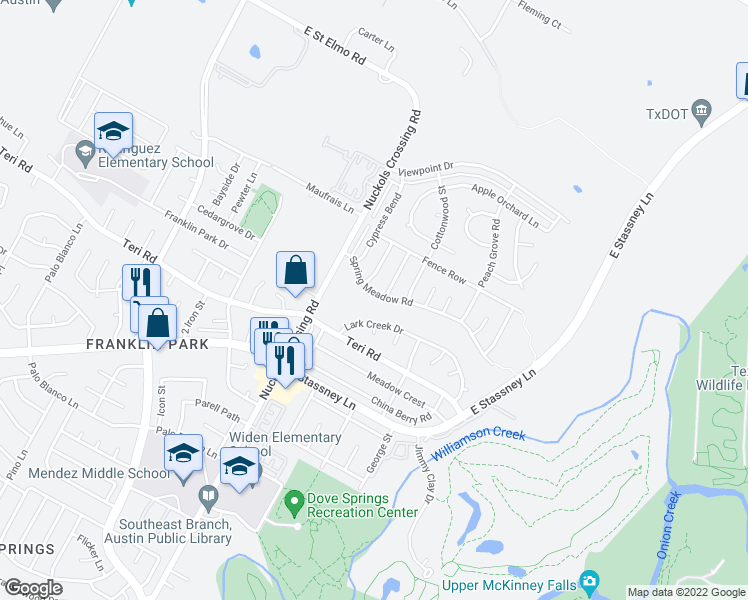 map of restaurants, bars, coffee shops, grocery stores, and more near 5402 Lark Creek Drive in Austin