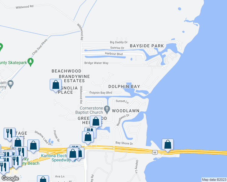map of restaurants, bars, coffee shops, grocery stores, and more near 7128 Dolphin Bay Boulevard in Panama City Beach