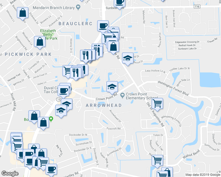 map of restaurants, bars, coffee shops, grocery stores, and more near 3801 Crown Point Road in Jacksonville