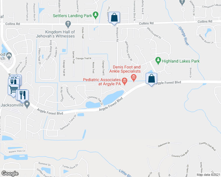 map of restaurants, bars, coffee shops, grocery stores, and more near 7974 Copperfield Circle North in Jacksonville