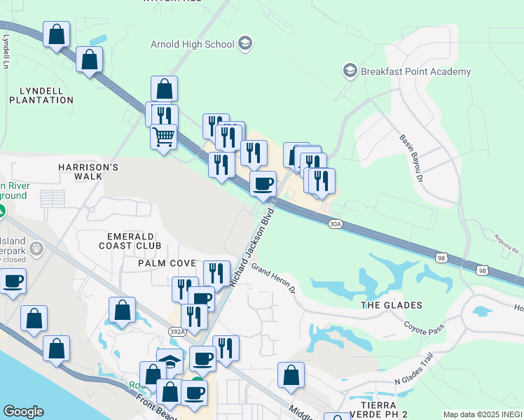 map of restaurants, bars, coffee shops, grocery stores, and more near 98 R Jackson Boulevard in Panama City Beach