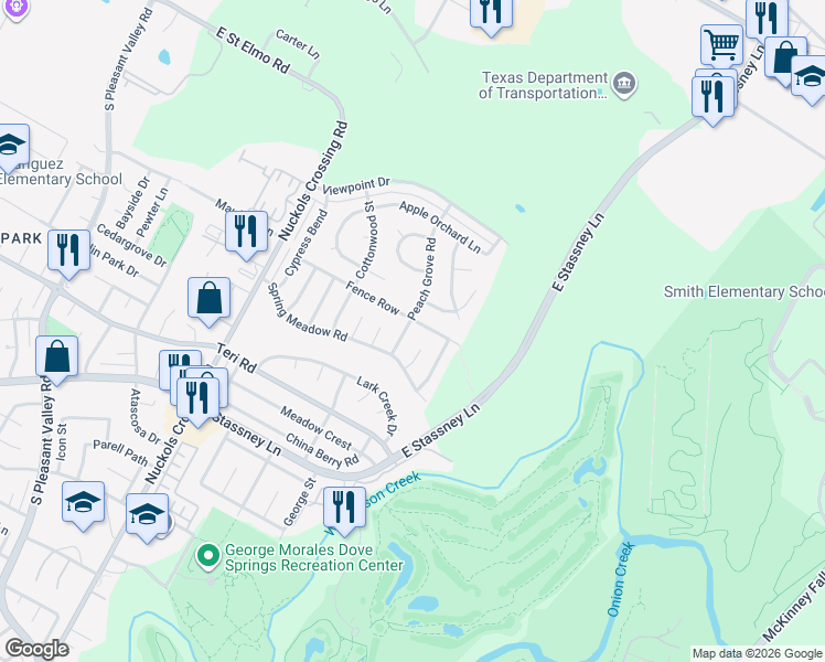 map of restaurants, bars, coffee shops, grocery stores, and more near 4808 Peach Grove Road in Austin