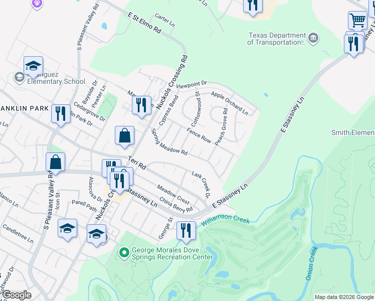 map of restaurants, bars, coffee shops, grocery stores, and more near 5605 Spring Meadow Road in Austin