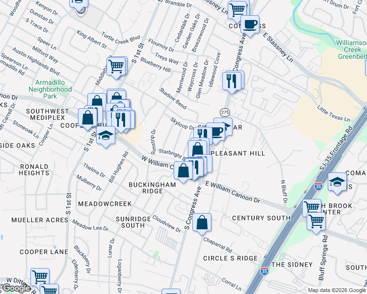 map of restaurants, bars, coffee shops, grocery stores, and more near 6510 Sunnysky Way in Austin
