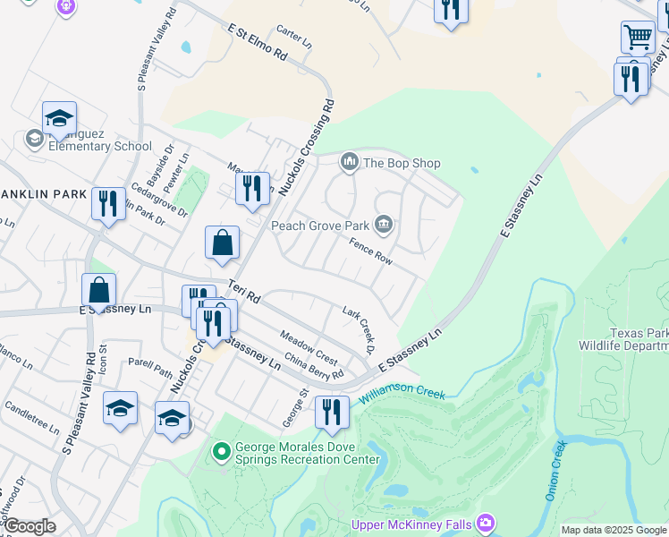 map of restaurants, bars, coffee shops, grocery stores, and more near 5605 Spring Meadow Road in Austin
