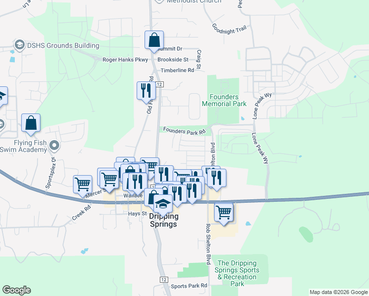 map of restaurants, bars, coffee shops, grocery stores, and more near 130 Spanish Star Trail in Dripping Springs