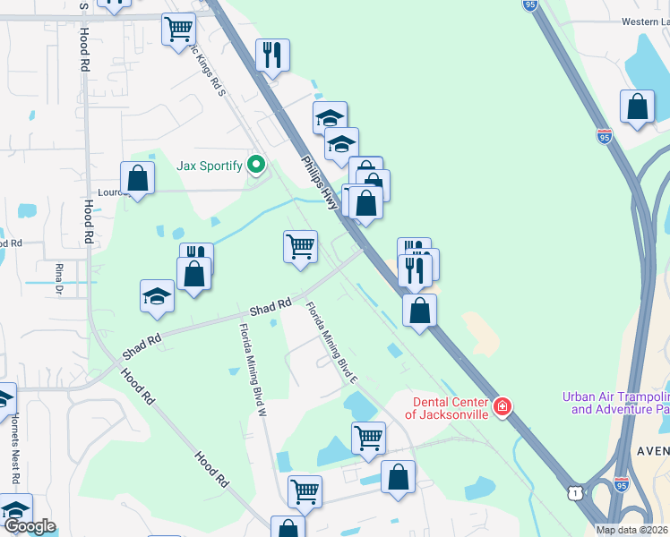 map of restaurants, bars, coffee shops, grocery stores, and more near 5505 Shad Road in Jacksonville