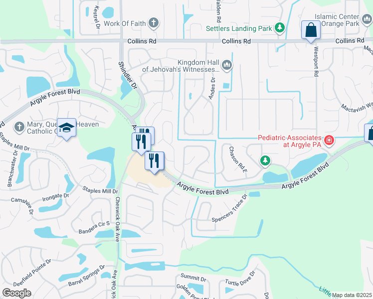 map of restaurants, bars, coffee shops, grocery stores, and more near 8451 Cross Timbers Court in Jacksonville