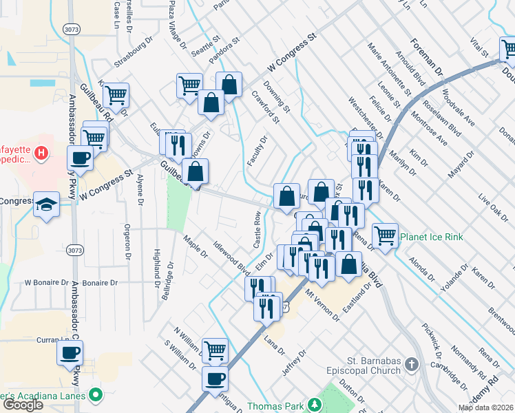 map of restaurants, bars, coffee shops, grocery stores, and more near 106 Castle Row in Lafayette