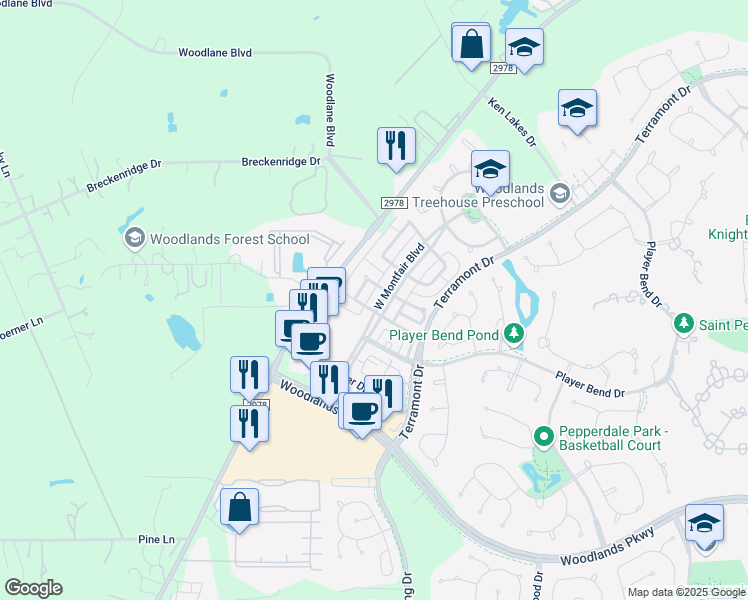 map of restaurants, bars, coffee shops, grocery stores, and more near 126 West Montfair Boulevard in The Woodlands
