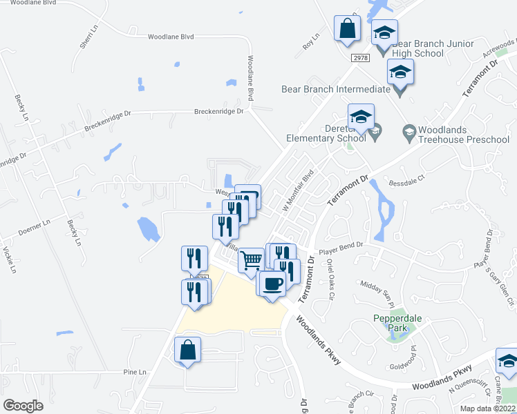 map of restaurants, bars, coffee shops, grocery stores, and more near 75 Chipwyck Way in Spring