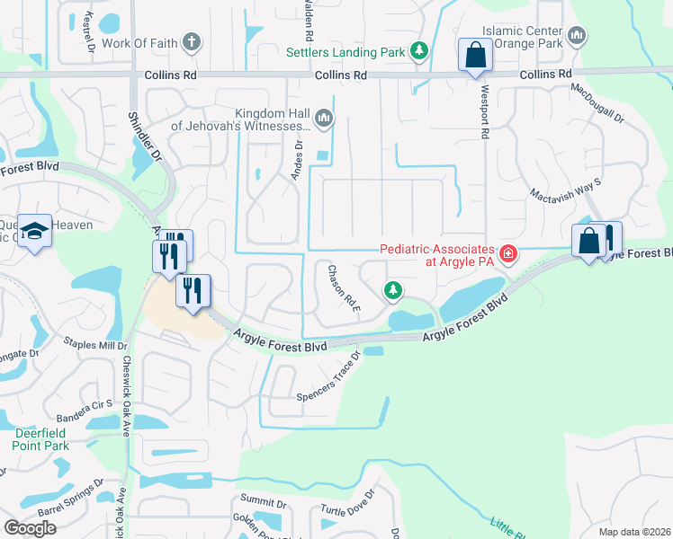 map of restaurants, bars, coffee shops, grocery stores, and more near 8325 Chason Road East in Jacksonville