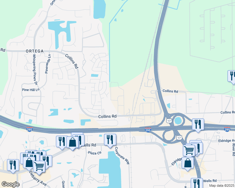 map of restaurants, bars, coffee shops, grocery stores, and more near 4851 Collins Road in Jacksonville