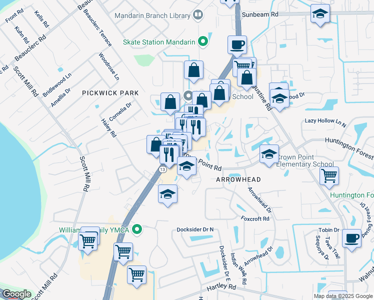 map of restaurants, bars, coffee shops, grocery stores, and more near 3633 Crown Point Road in Jacksonville