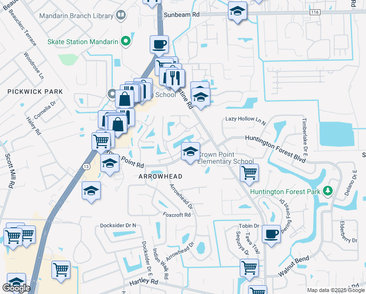 map of restaurants, bars, coffee shops, grocery stores, and more near 3801 Crown Point Road in Jacksonville