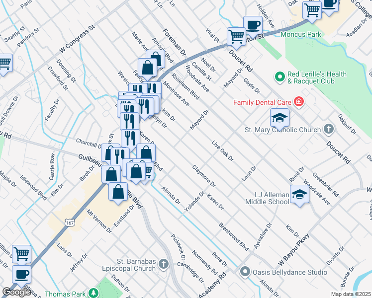 map of restaurants, bars, coffee shops, grocery stores, and more near 232 Marilyn Drive in Lafayette