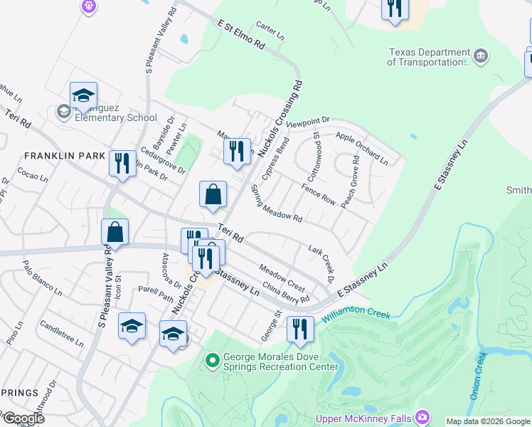 map of restaurants, bars, coffee shops, grocery stores, and more near 5402 Lark Creek Drive in Austin