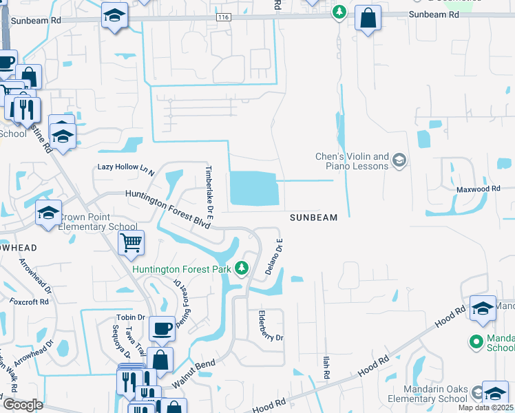 map of restaurants, bars, coffee shops, grocery stores, and more near 10017 Delano Drive North in Jacksonville
