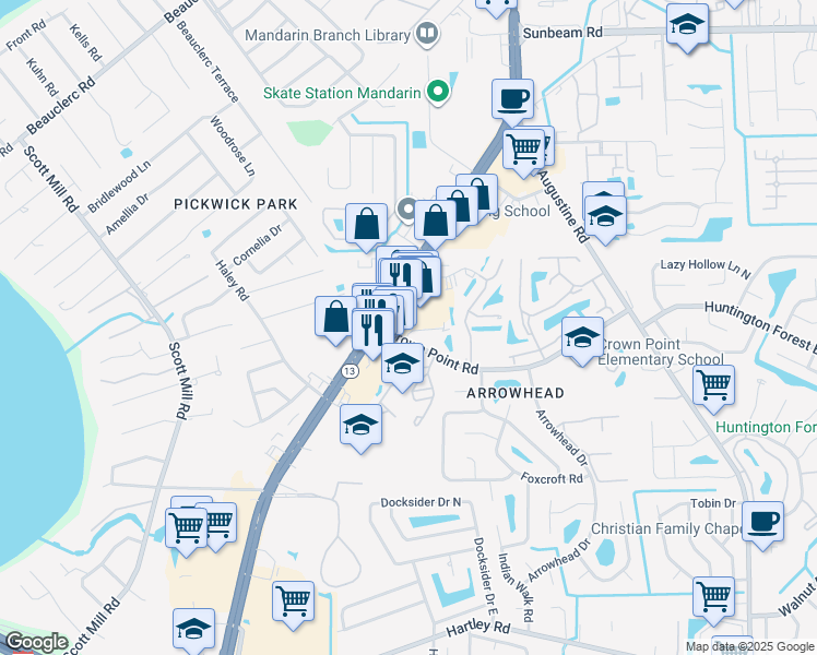 map of restaurants, bars, coffee shops, grocery stores, and more near 3633 Crown Point Road in Jacksonville