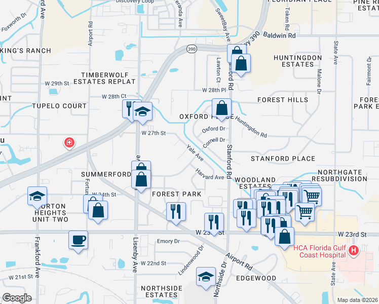 map of restaurants, bars, coffee shops, grocery stores, and more near 1203 Cornell Drive in Panama City