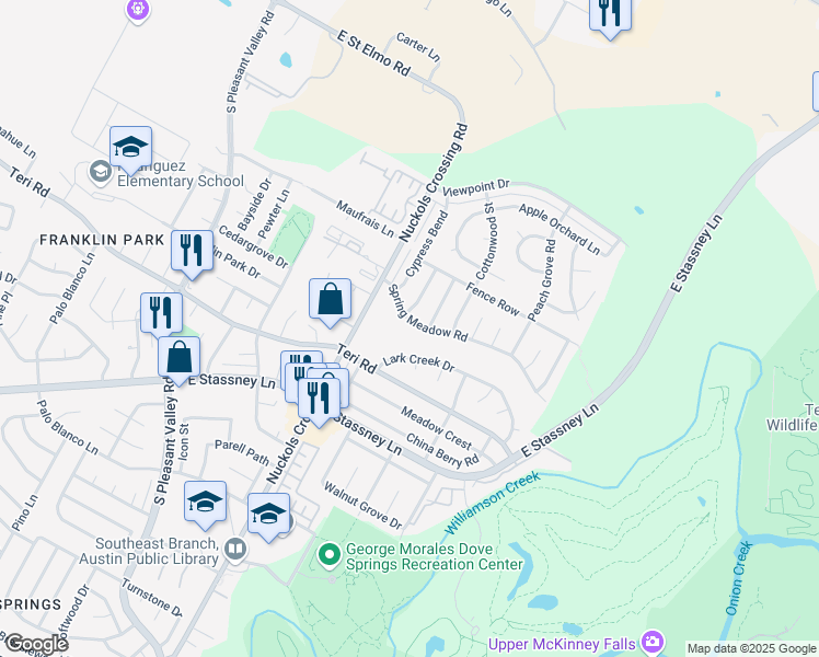 map of restaurants, bars, coffee shops, grocery stores, and more near 5402 Lark Creek Drive in Austin