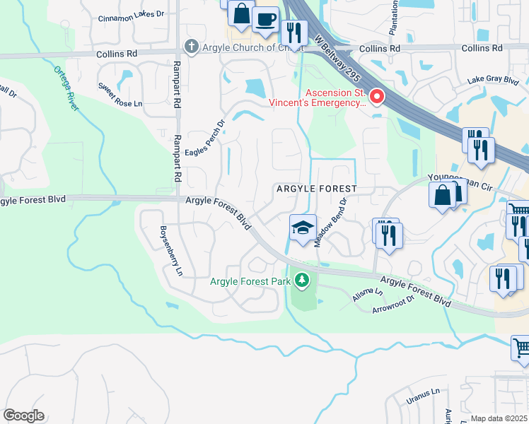 map of restaurants, bars, coffee shops, grocery stores, and more near 8349 Candlewood Drive West in Jacksonville