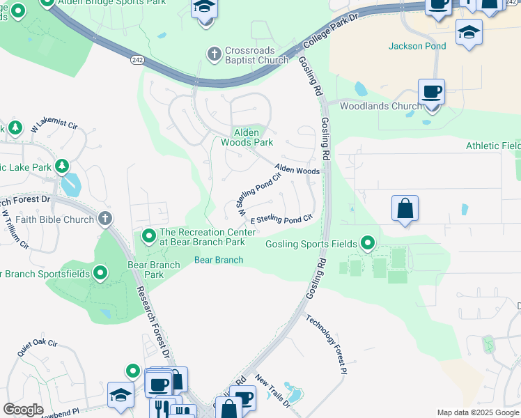 map of restaurants, bars, coffee shops, grocery stores, and more near 103 East Sterling Pond Circle in Spring