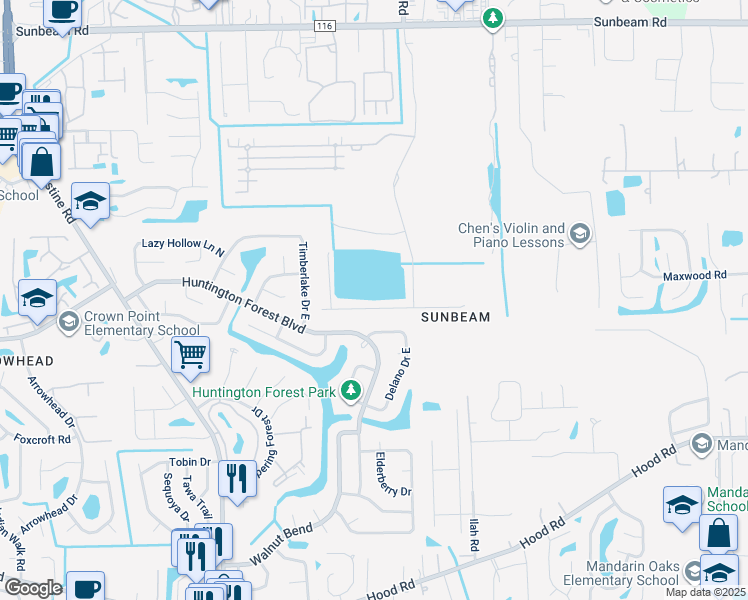 map of restaurants, bars, coffee shops, grocery stores, and more near 10017 Delano Drive North in Jacksonville