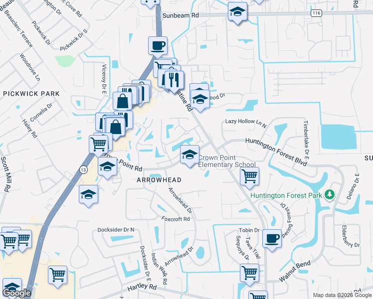 map of restaurants, bars, coffee shops, grocery stores, and more near 3807 Crown Point Road in Jacksonville