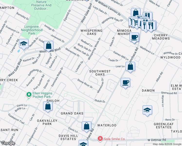 map of restaurants, bars, coffee shops, grocery stores, and more near 7900 Appomattox Drive in Austin