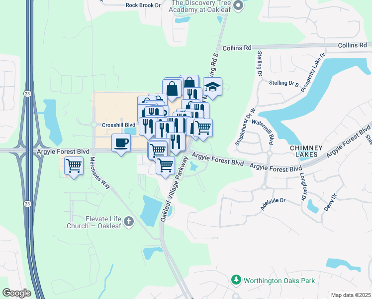 map of restaurants, bars, coffee shops, grocery stores, and more near Argyle Forest Blvd & Old Middleburg Rd S in Jacksonville